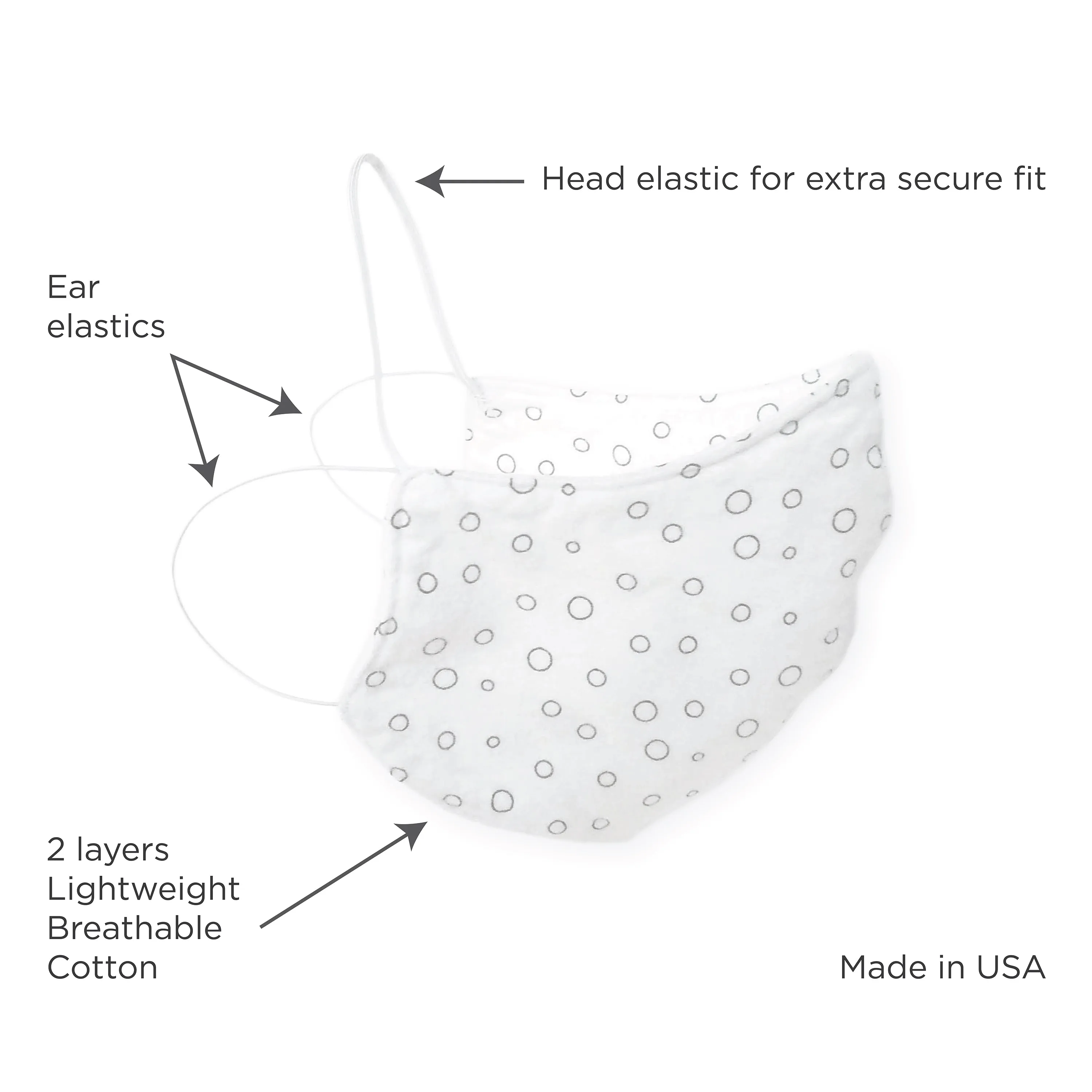 2-Layer Woven Soft Brushed Cotton Face Mask, Soft Black Bubble Dots, White, Made in USA - 10 Pack