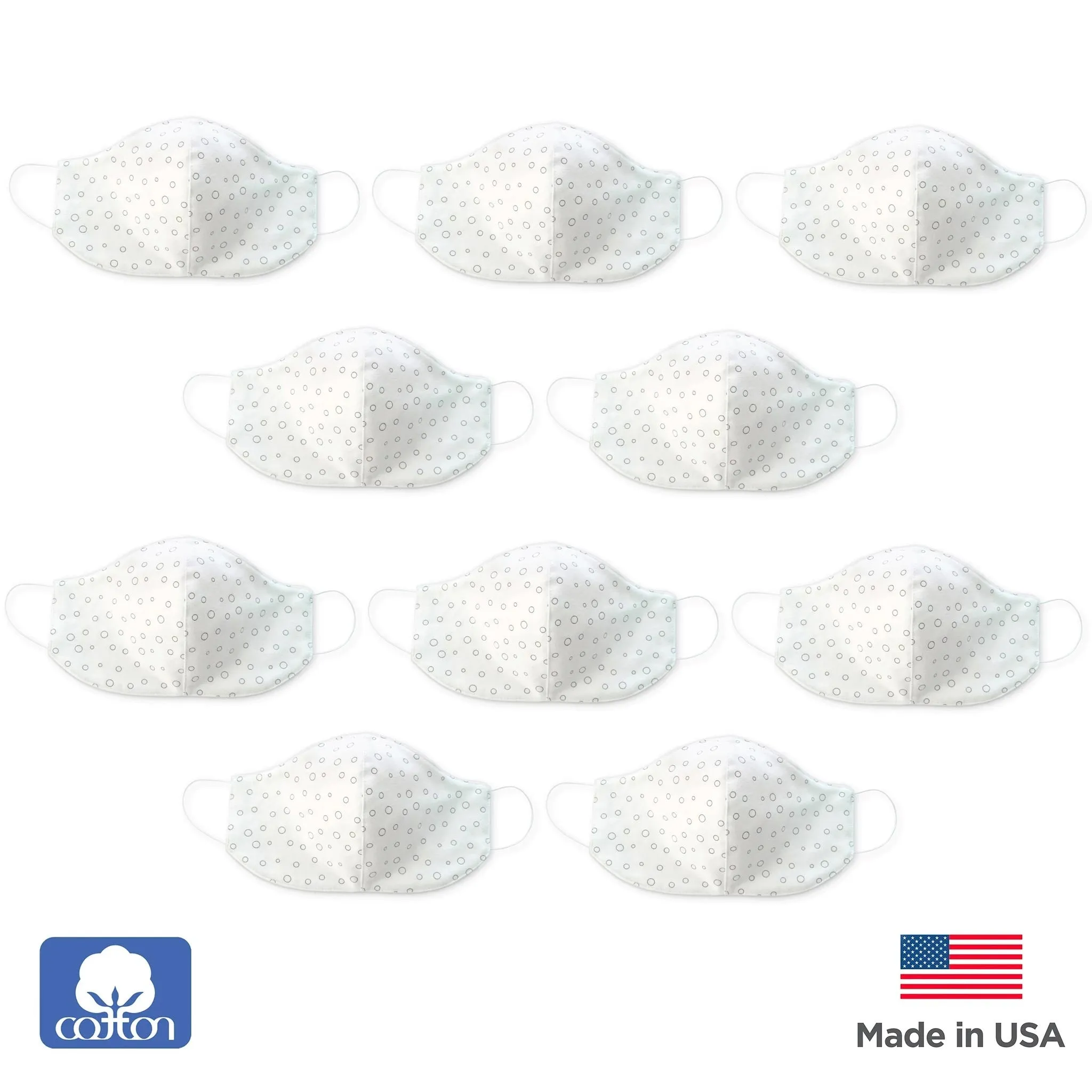 2-Layer Woven Soft Brushed Cotton Face Mask, Soft Black Bubble Dots, White, Made in USA - 10 Pack