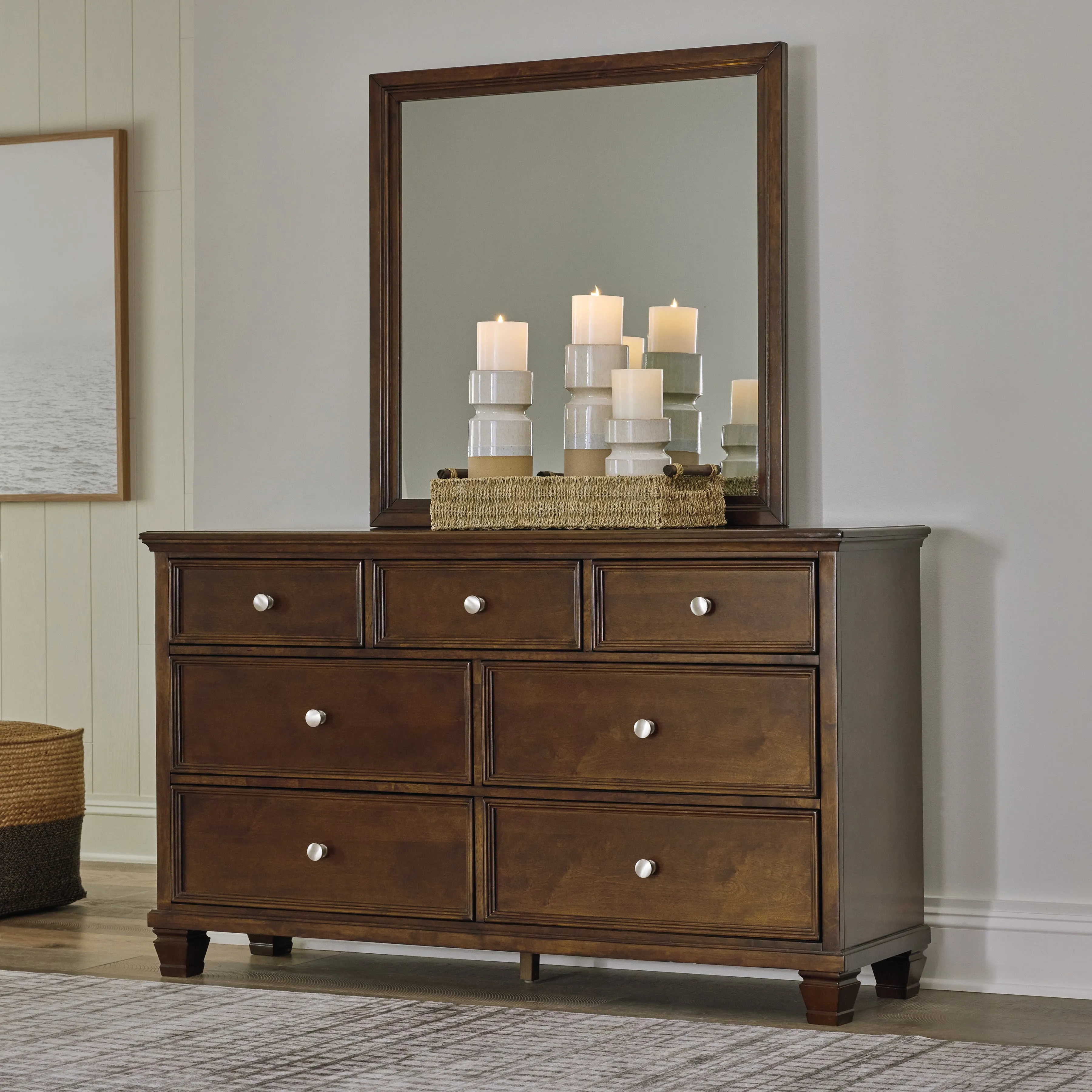 Danabrin King Panel Bed with Mirrored Dresser and 2 Nightstands in Brown