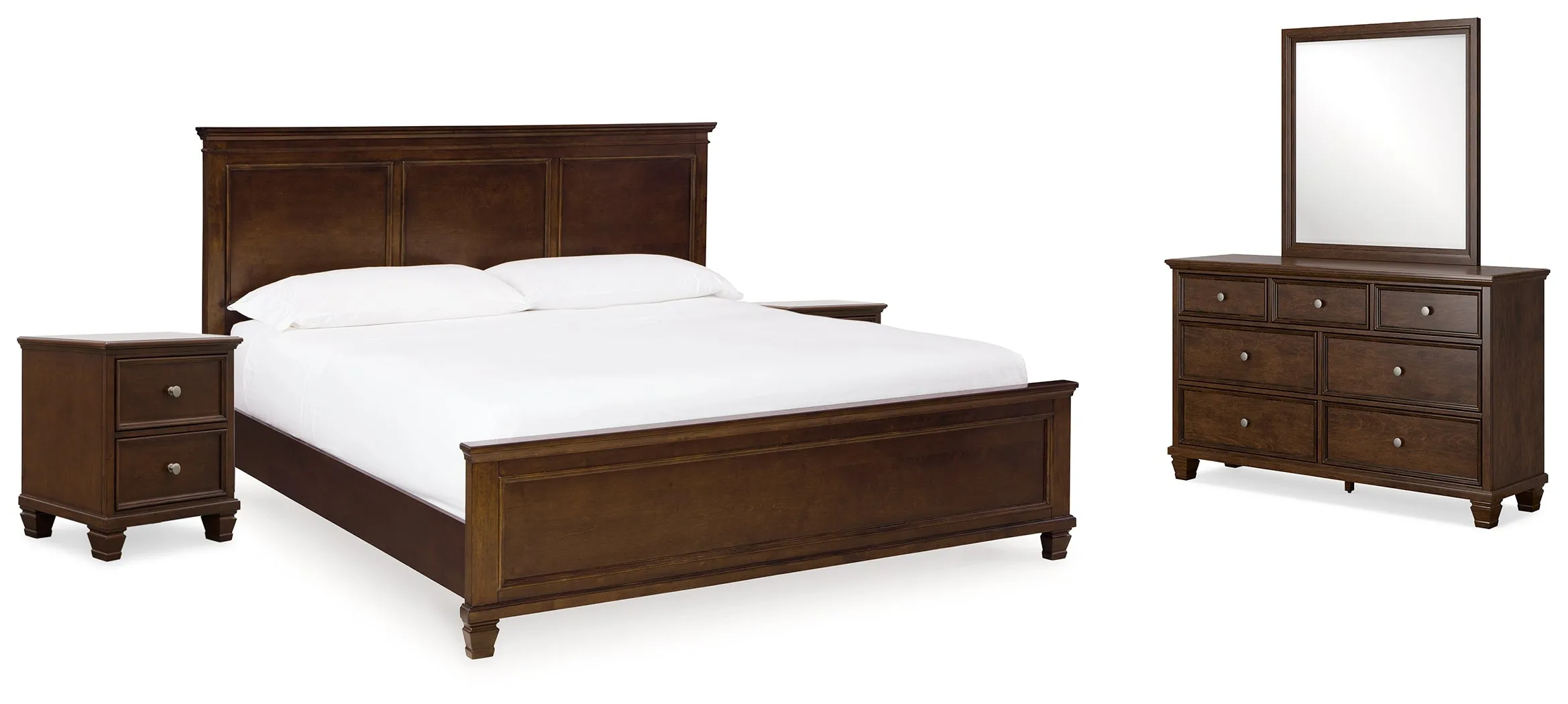 Danabrin King Panel Bed with Mirrored Dresser and 2 Nightstands in Brown