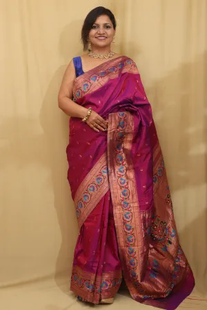 Exquisite Purple Paithani Silk Peacock And Flower Design Saree