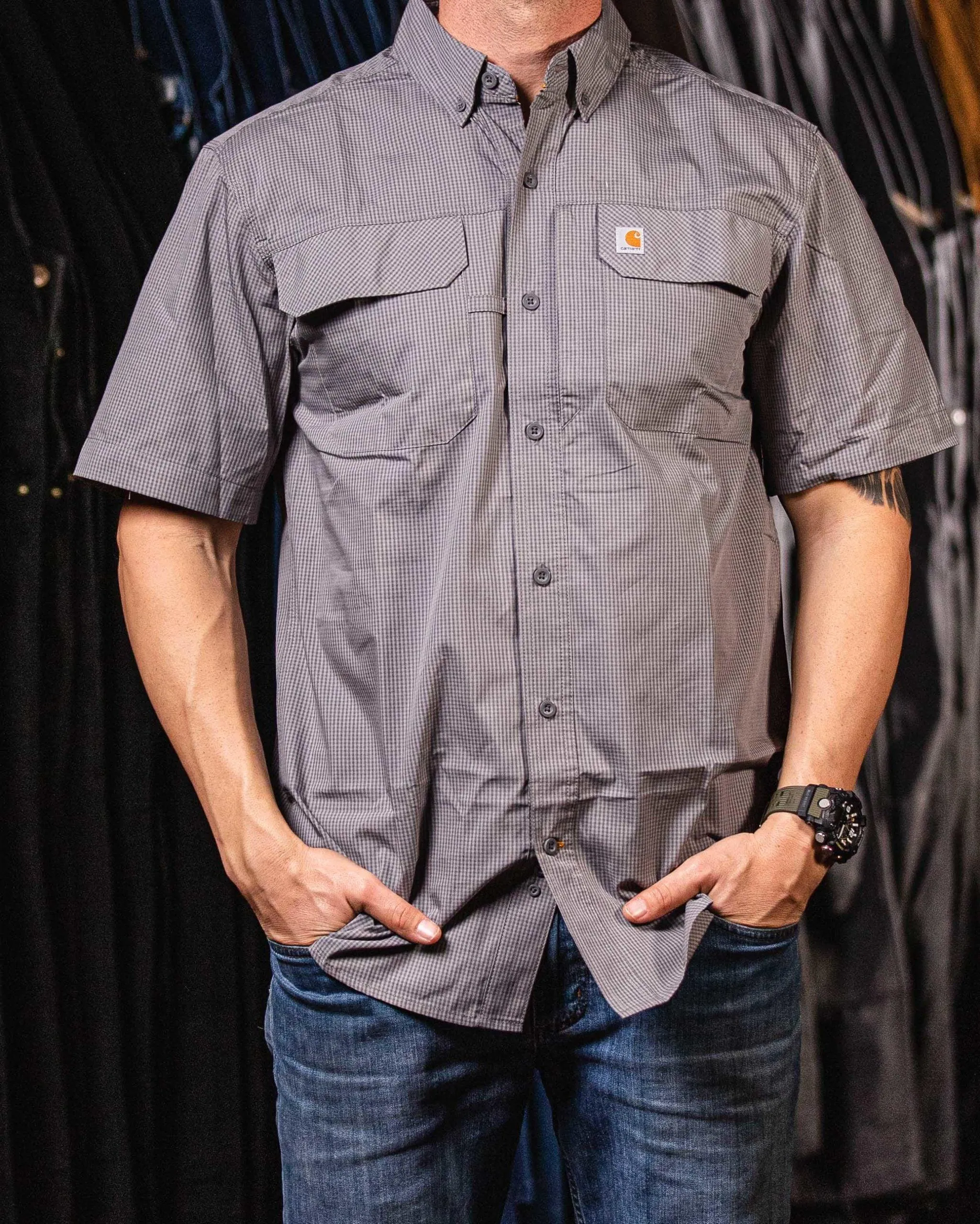 Force Men's Relaxed-Fit Lightweight SS Button-Front Plaid Shirt (Asphalt)