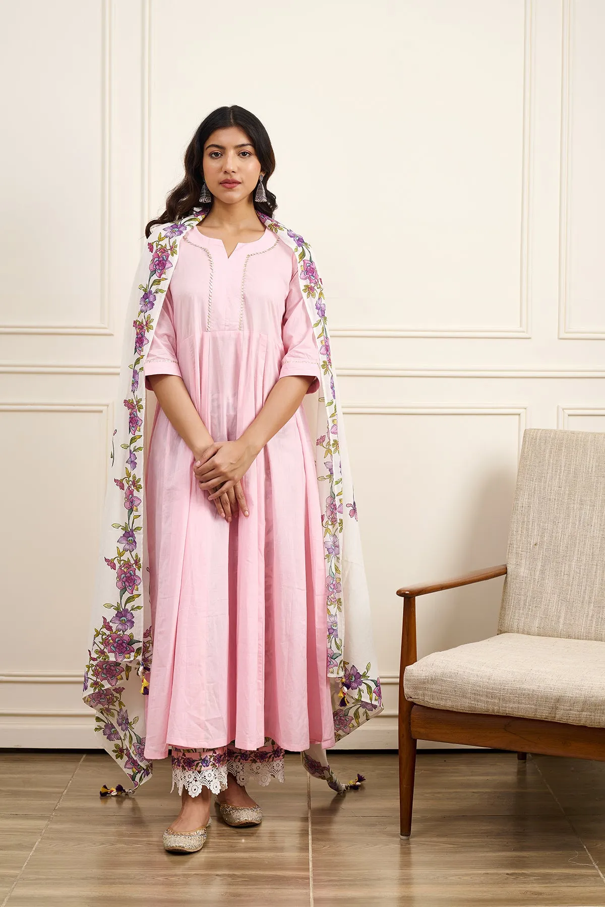 Gul Pink Cotton Kalidar Gota Kurta with Off White Hand Block Printed Palazzo and Mulmul Dupatta- Set of 3
