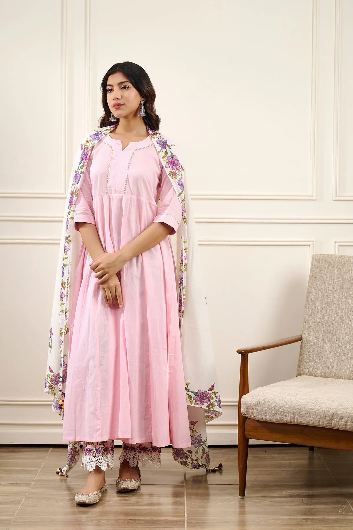 Gul Pink Cotton Kalidar Gota Kurta with Off White Hand Block Printed Palazzo and Mulmul Dupatta- Set of 3