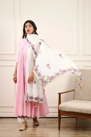Gul Pink Cotton Kalidar Gota Kurta with Off White Hand Block Printed Palazzo and Mulmul Dupatta- Set of 3
