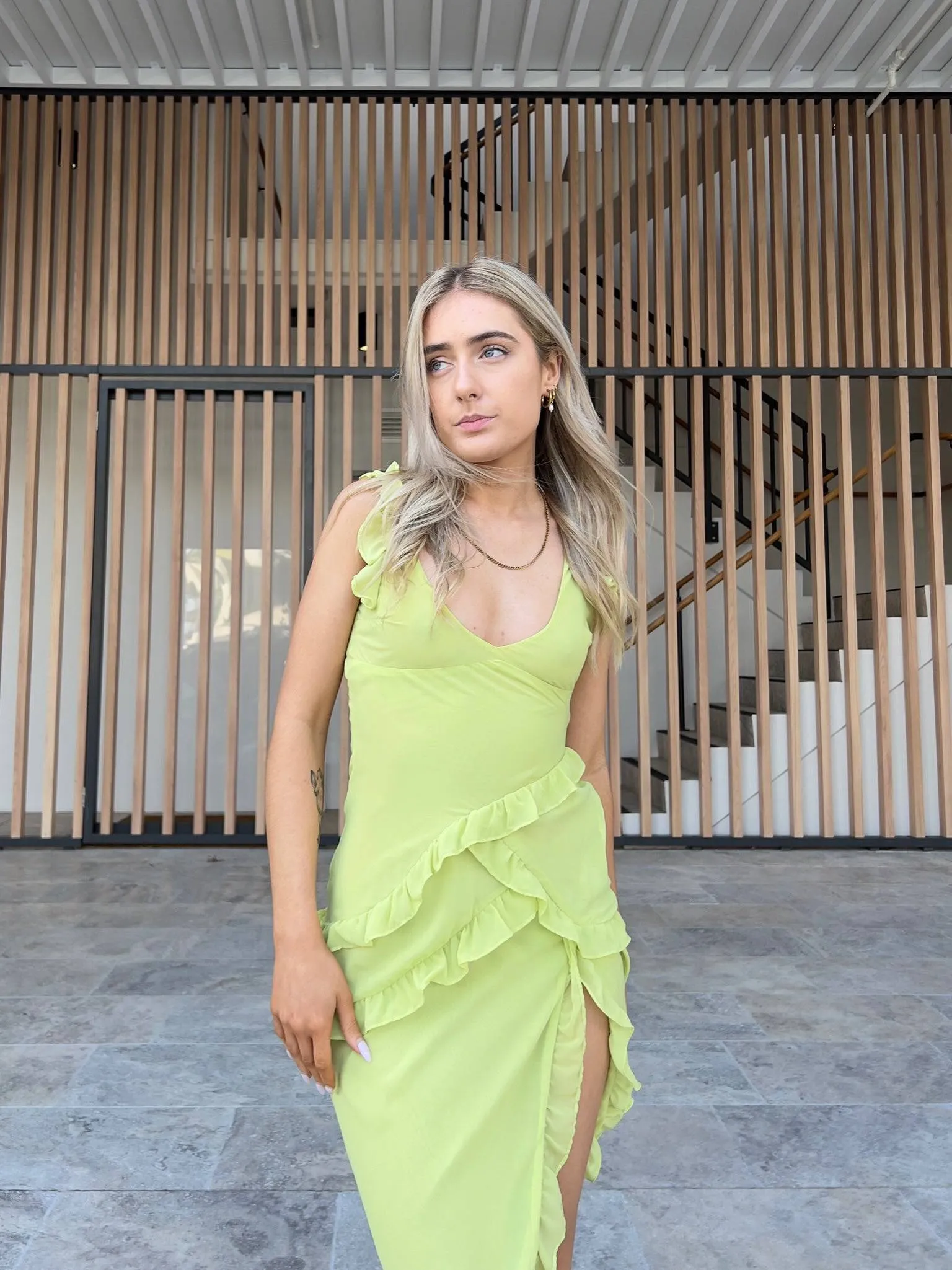 House of CB - Pixie Lime Ruffle Maxi Dress