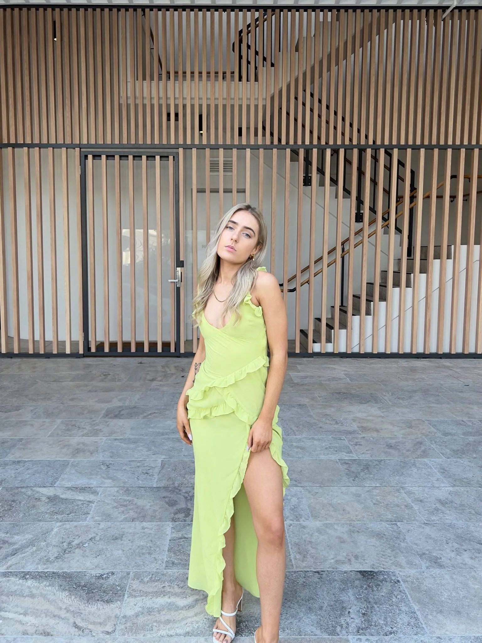 House of CB - Pixie Lime Ruffle Maxi Dress