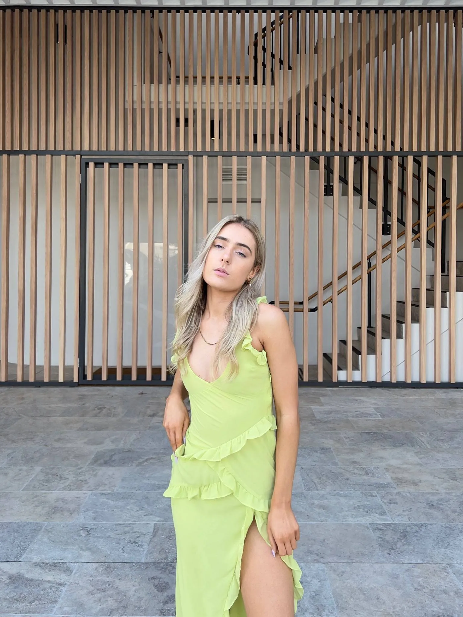 House of CB - Pixie Lime Ruffle Maxi Dress