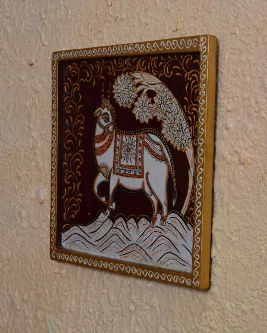 Kamdhenu Cow Art Hand Painted Square Wall Decorative