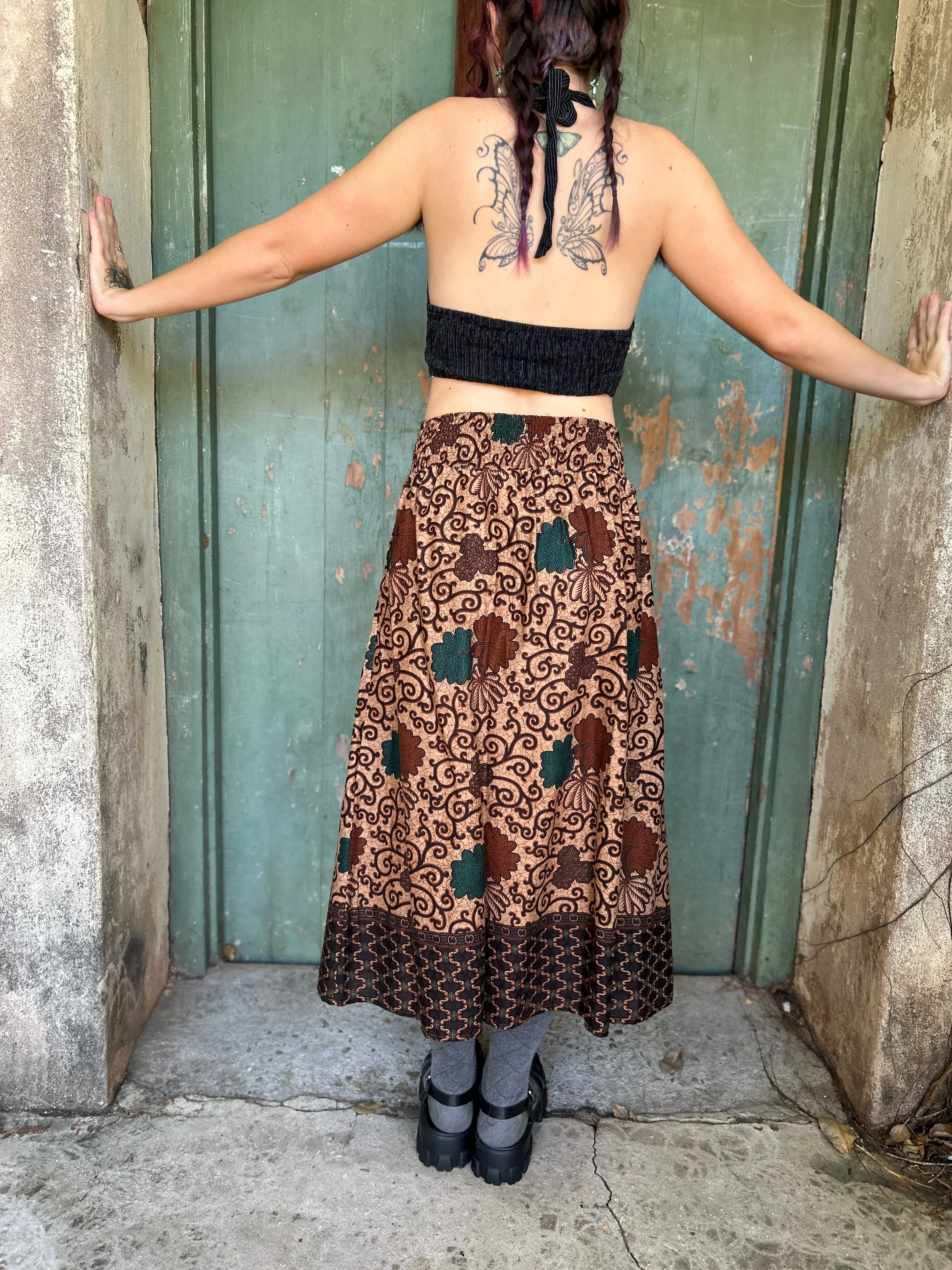 Midi to the MAX Skirt in chocolate teal floral print