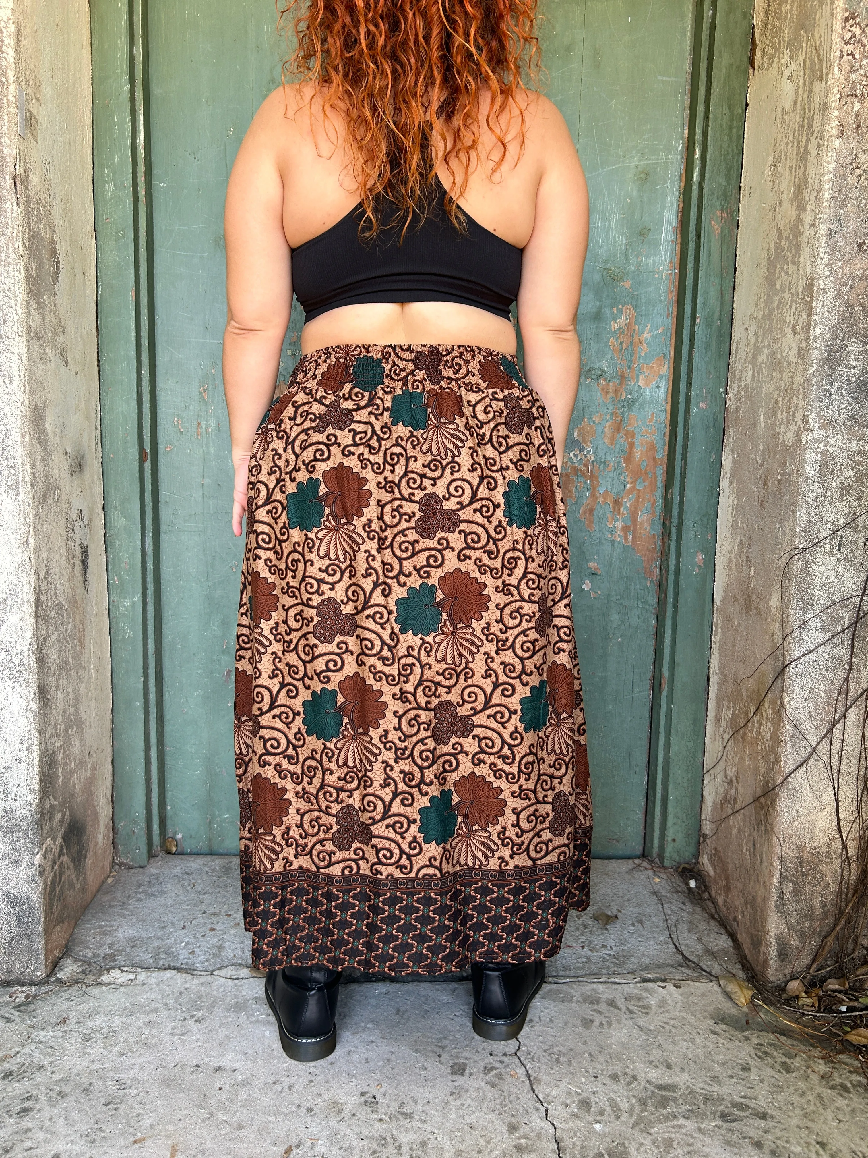 Midi to the MAX Skirt in chocolate teal floral print