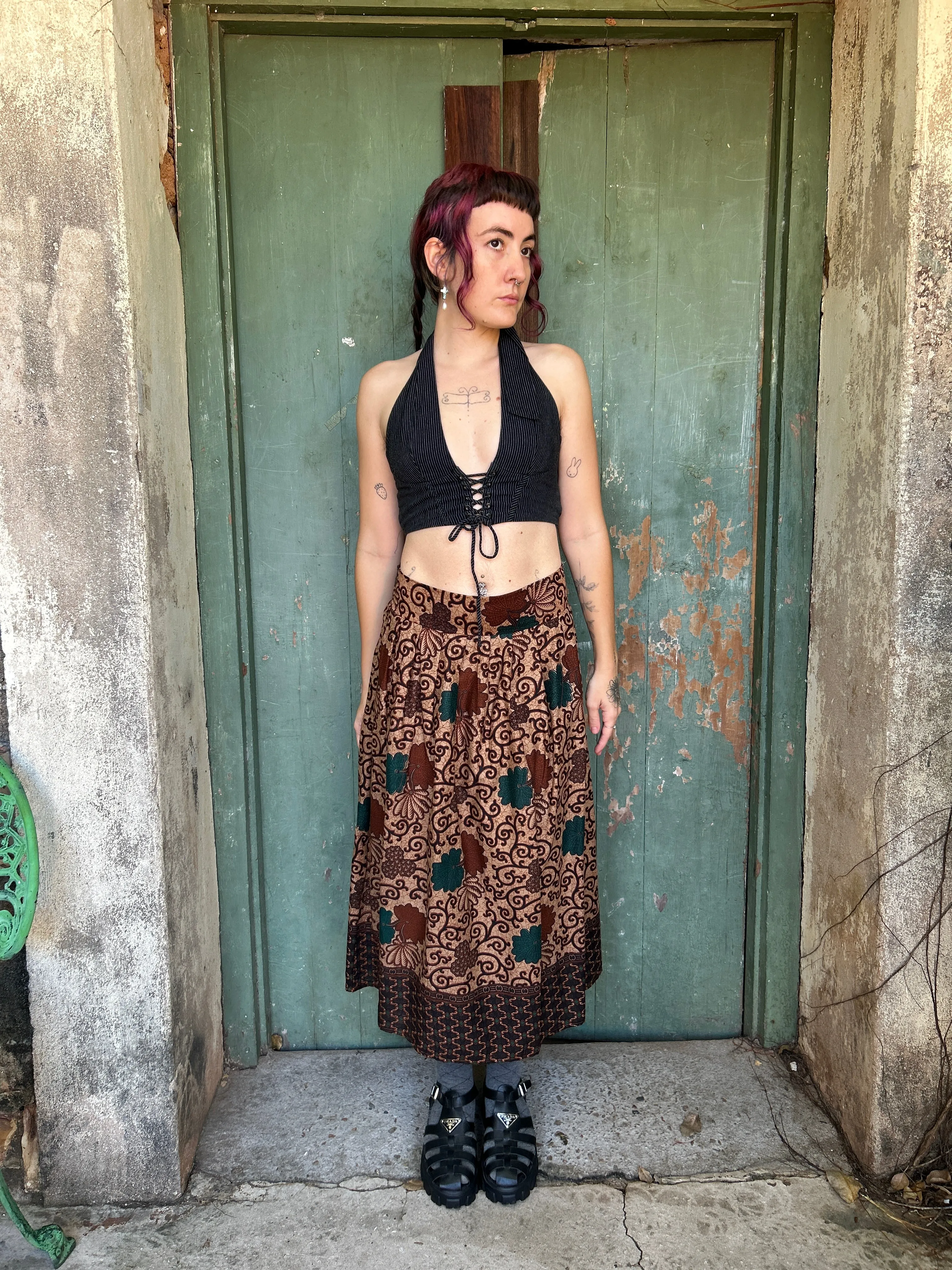 Midi to the MAX Skirt in chocolate teal floral print