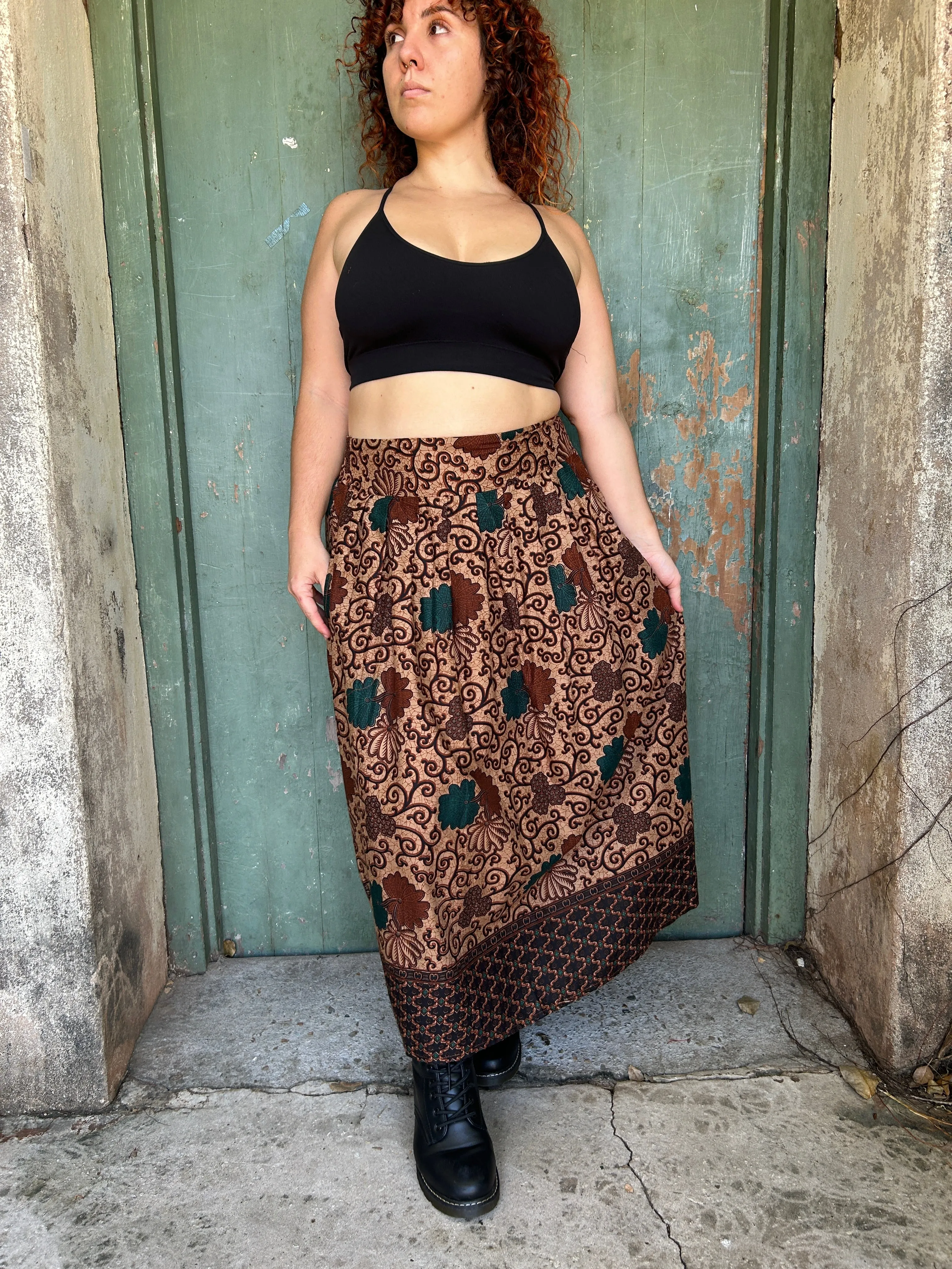 Midi to the MAX Skirt in chocolate teal floral print