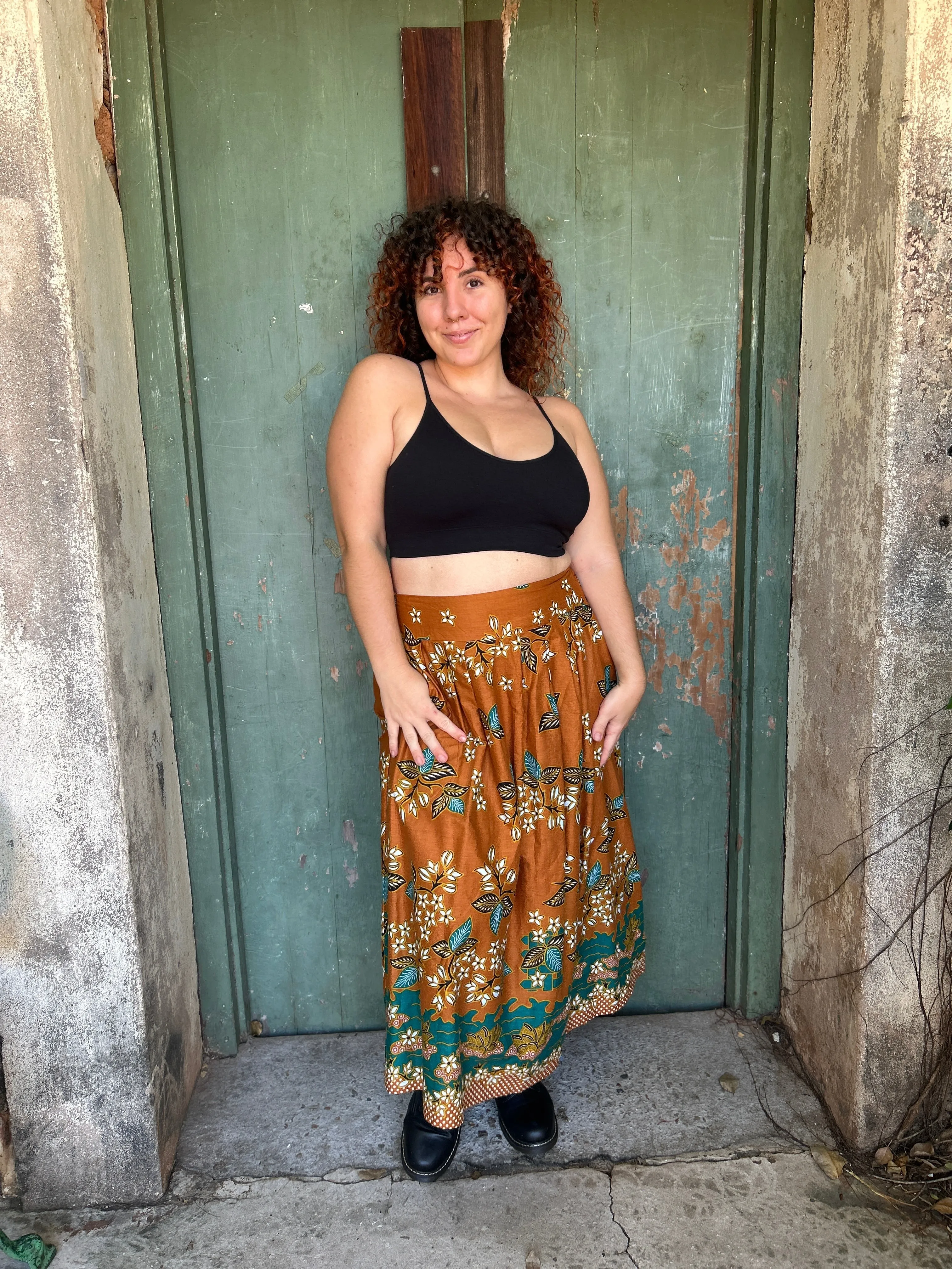 Midi to the MAX Skirt in cinnamon teal floral print