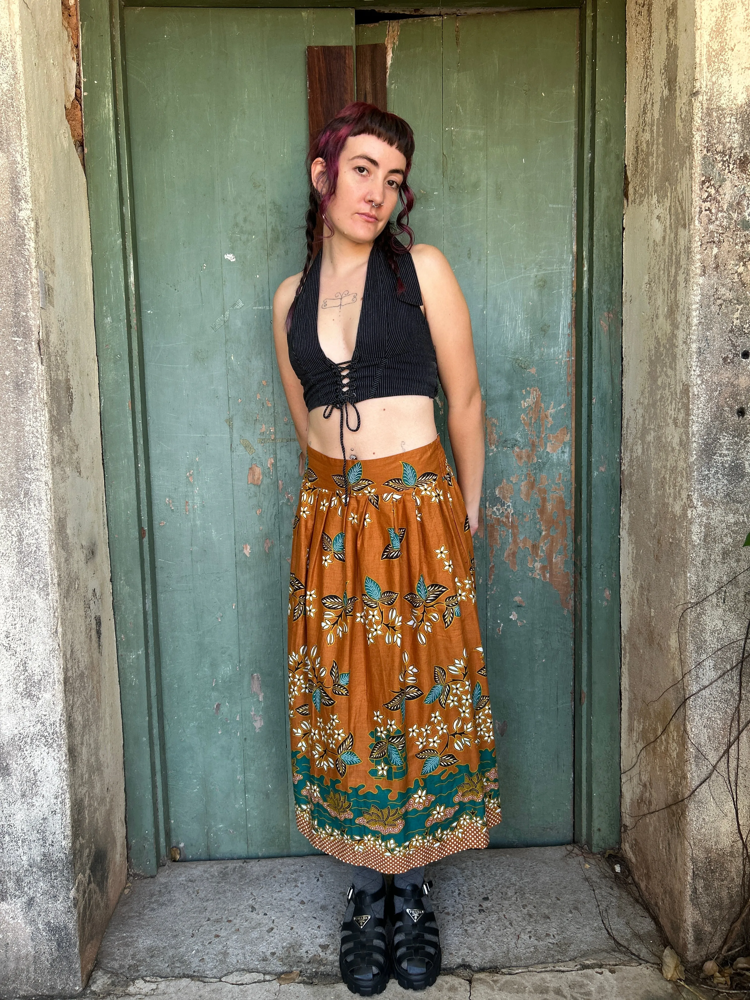 Midi to the MAX Skirt in cinnamon teal floral print