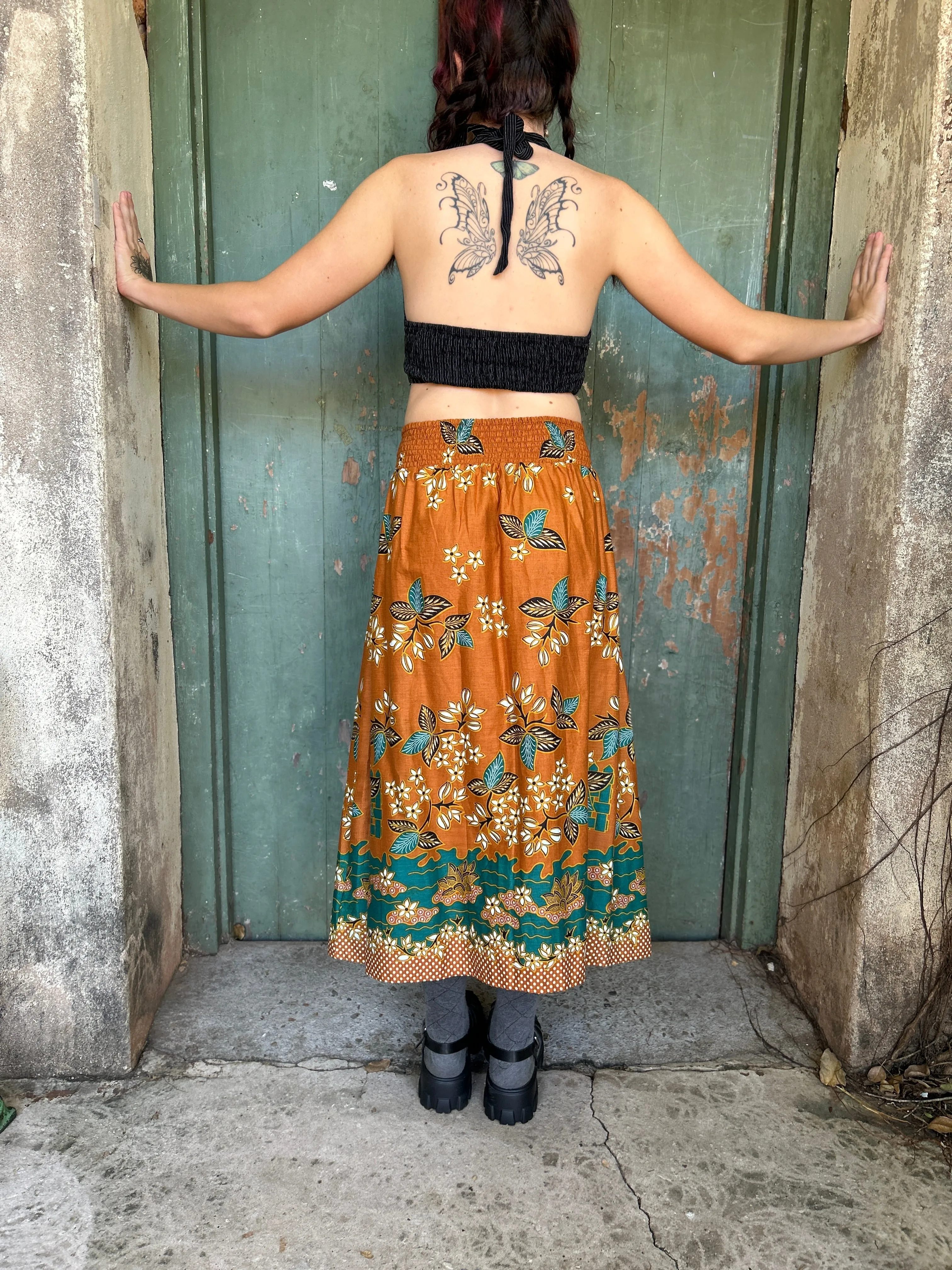 Midi to the MAX Skirt in cinnamon teal floral print