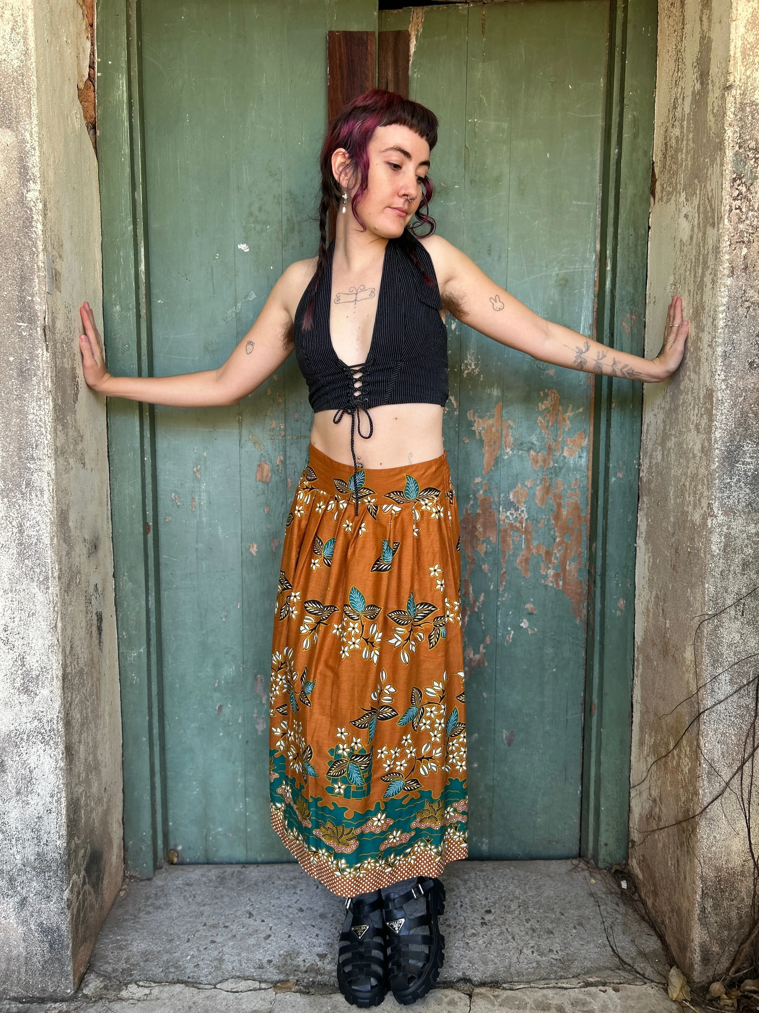 Midi to the MAX Skirt in cinnamon teal floral print
