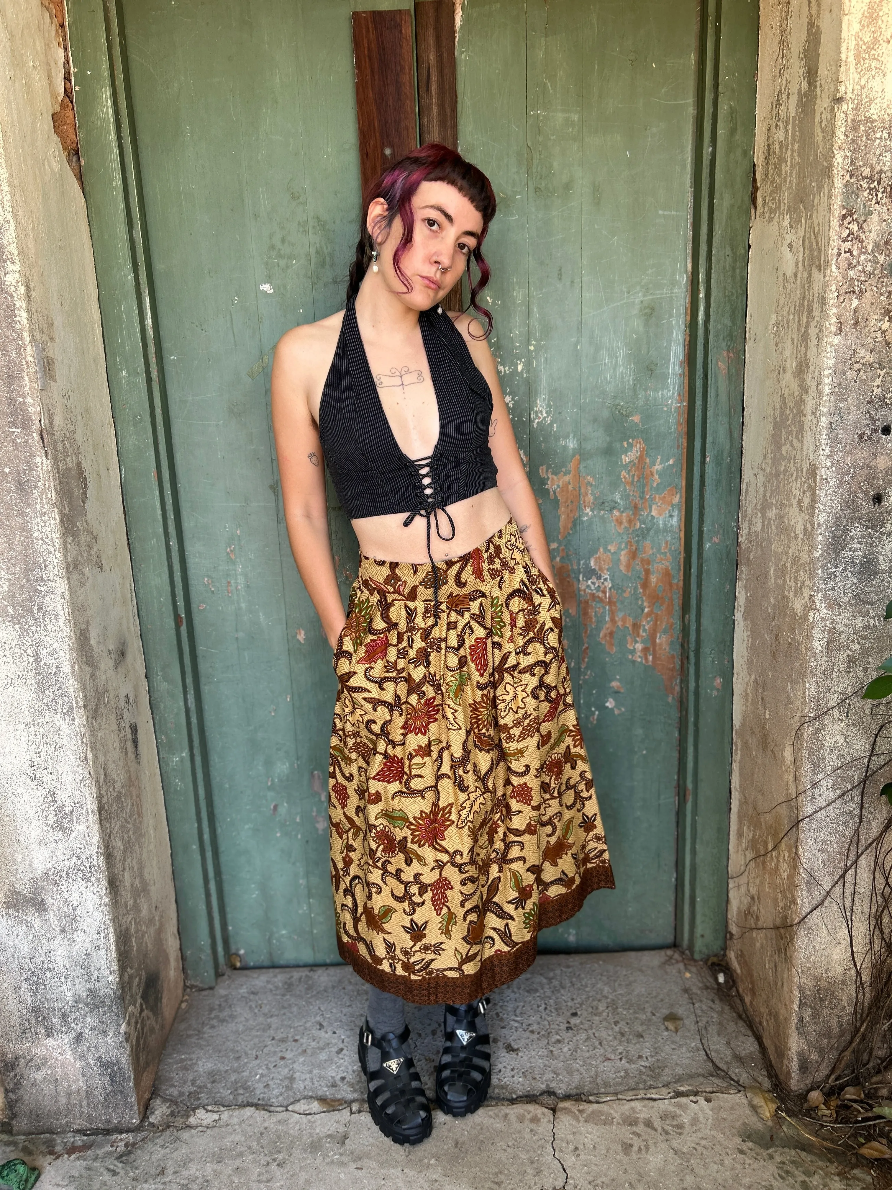 Midi to the MAX Skirt in golden brown floral print