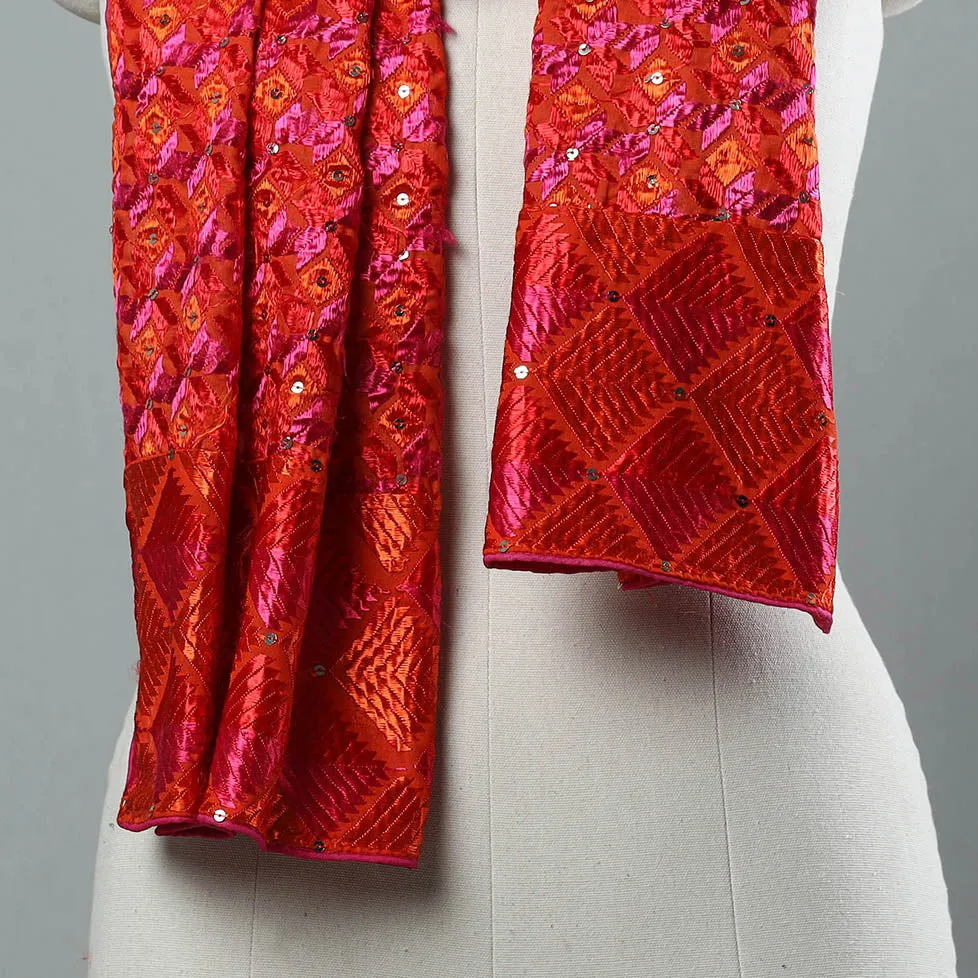 Red - Phulkari Silk Cotton Embroidered Stole 10