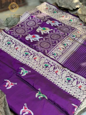 Regal Purple Banarasi Silk Saree with Kadhwa Minakari Figures and Shikargaah Weave