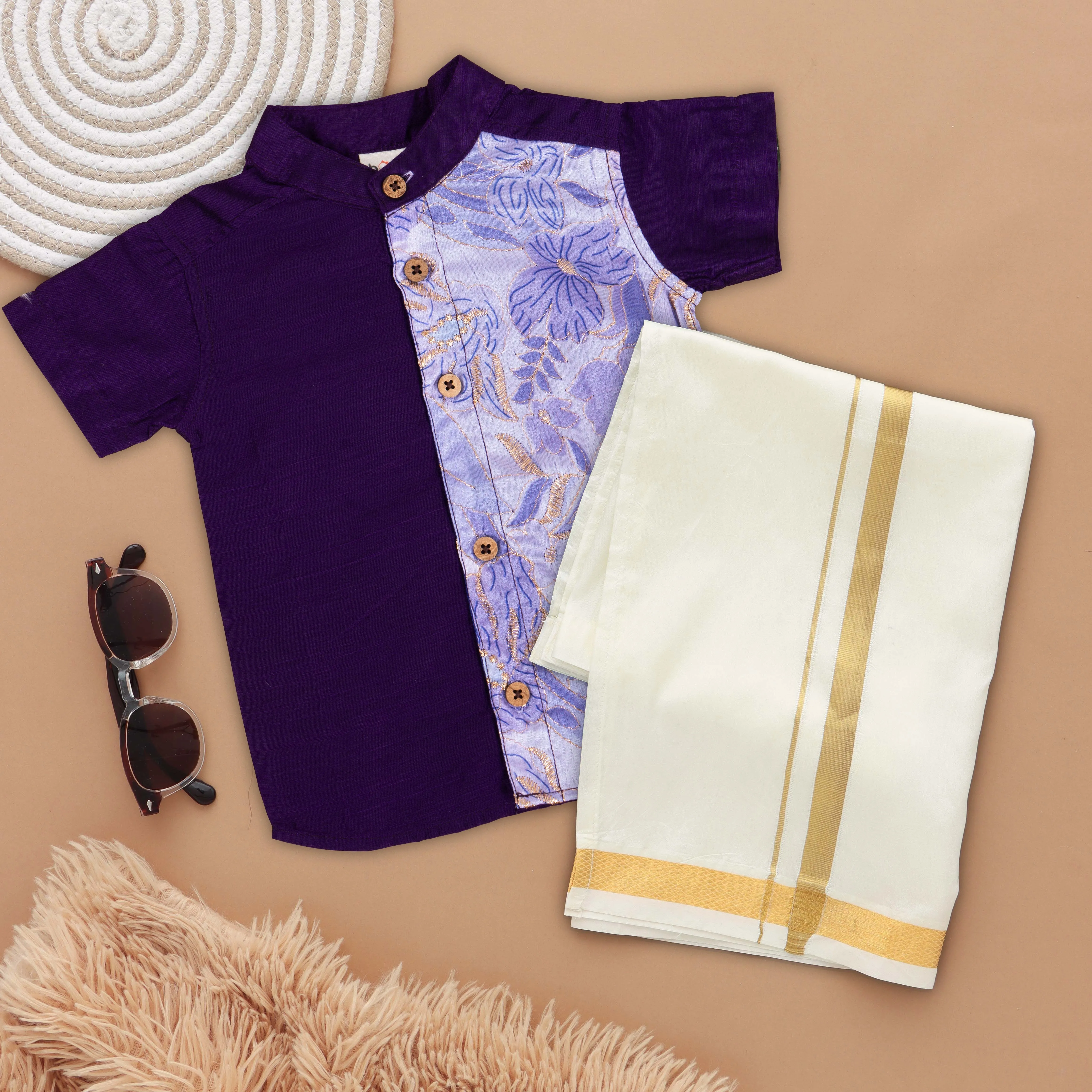 Regal Purple Boys' Silk Shirt and Dhoti Set with Embroidered Panel